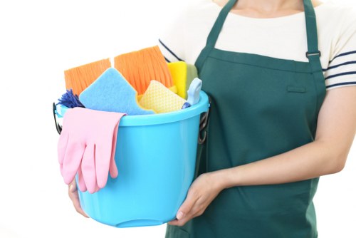 Carpet cleaning professional preparing equipment safely in a home